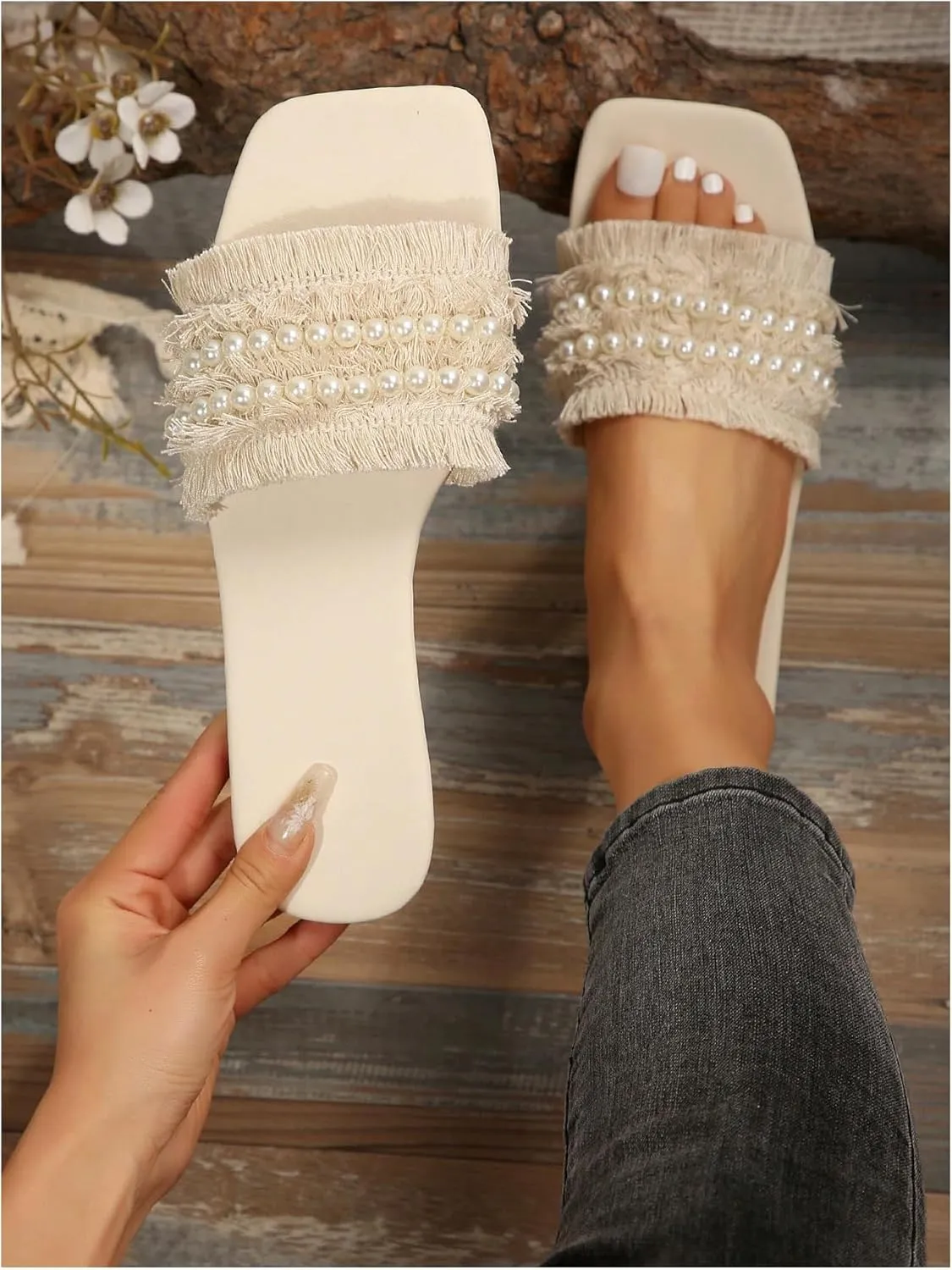 OYOANGLE Women's Fringe Trim Pearl Flat Sandals Square Open Toe Slip On Elegant Sandals