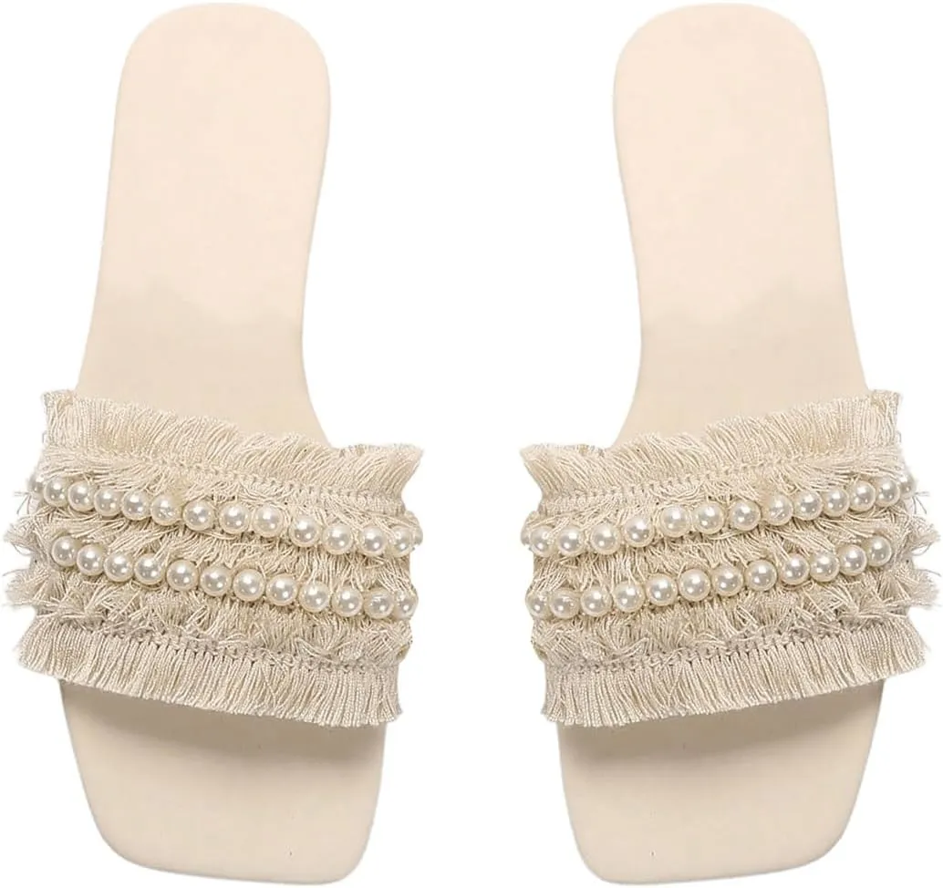 OYOANGLE Women's Fringe Trim Pearl Flat Sandals Square Open Toe Slip On Elegant Sandals