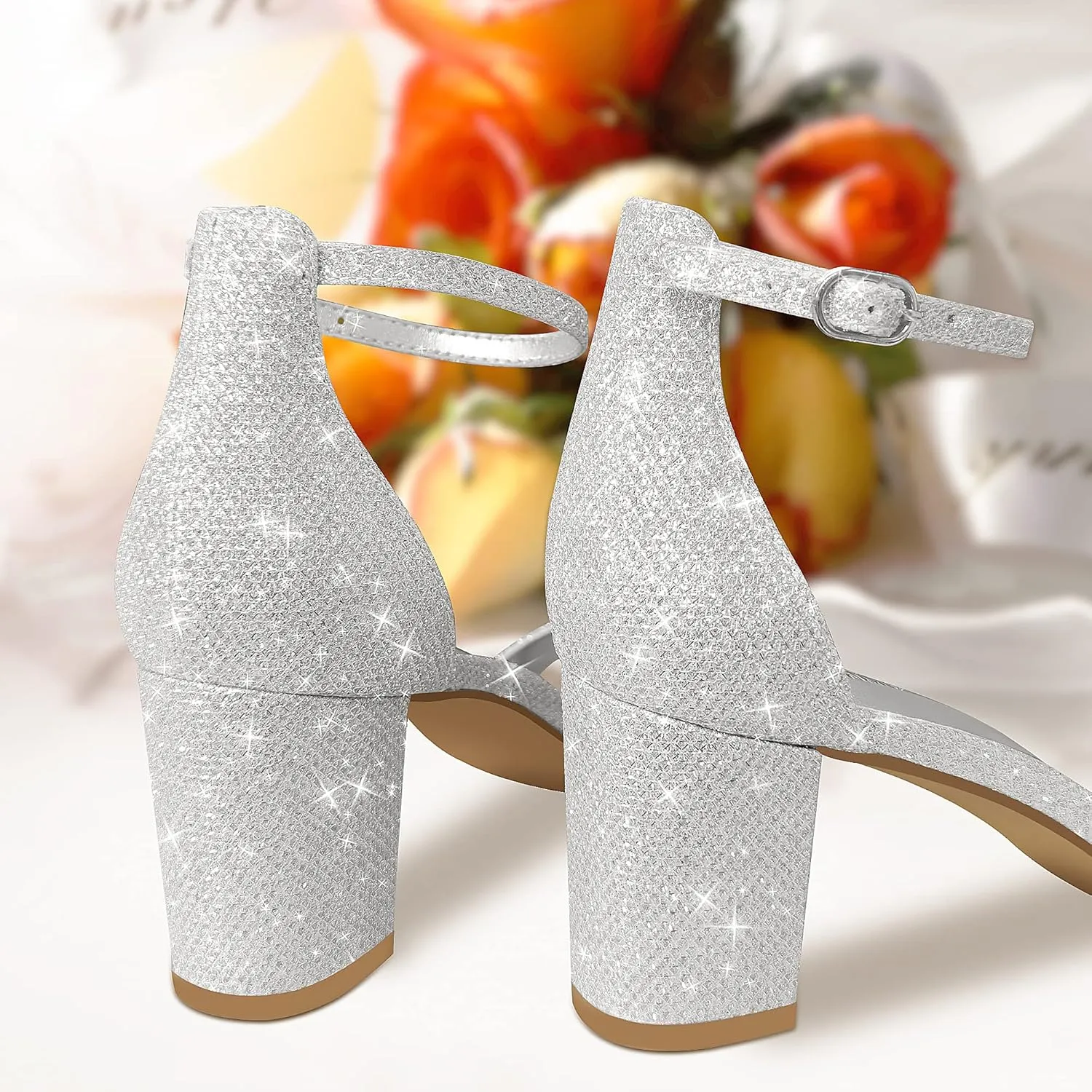 PIZZ ANNU Women's Open Toe Ankle Strap Low Block Chunky Heels Sandals Party Dress Pumps Shoes Strappy Buckle Sandals with 2.6" Tall Thick Heel Design