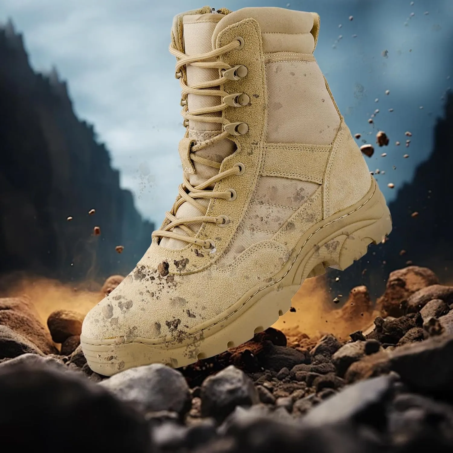 QUNLON Men's Tactical Military Boots Side Zipper Lightweight 8'' Army Combat Motorcycle Boots for Duty Work