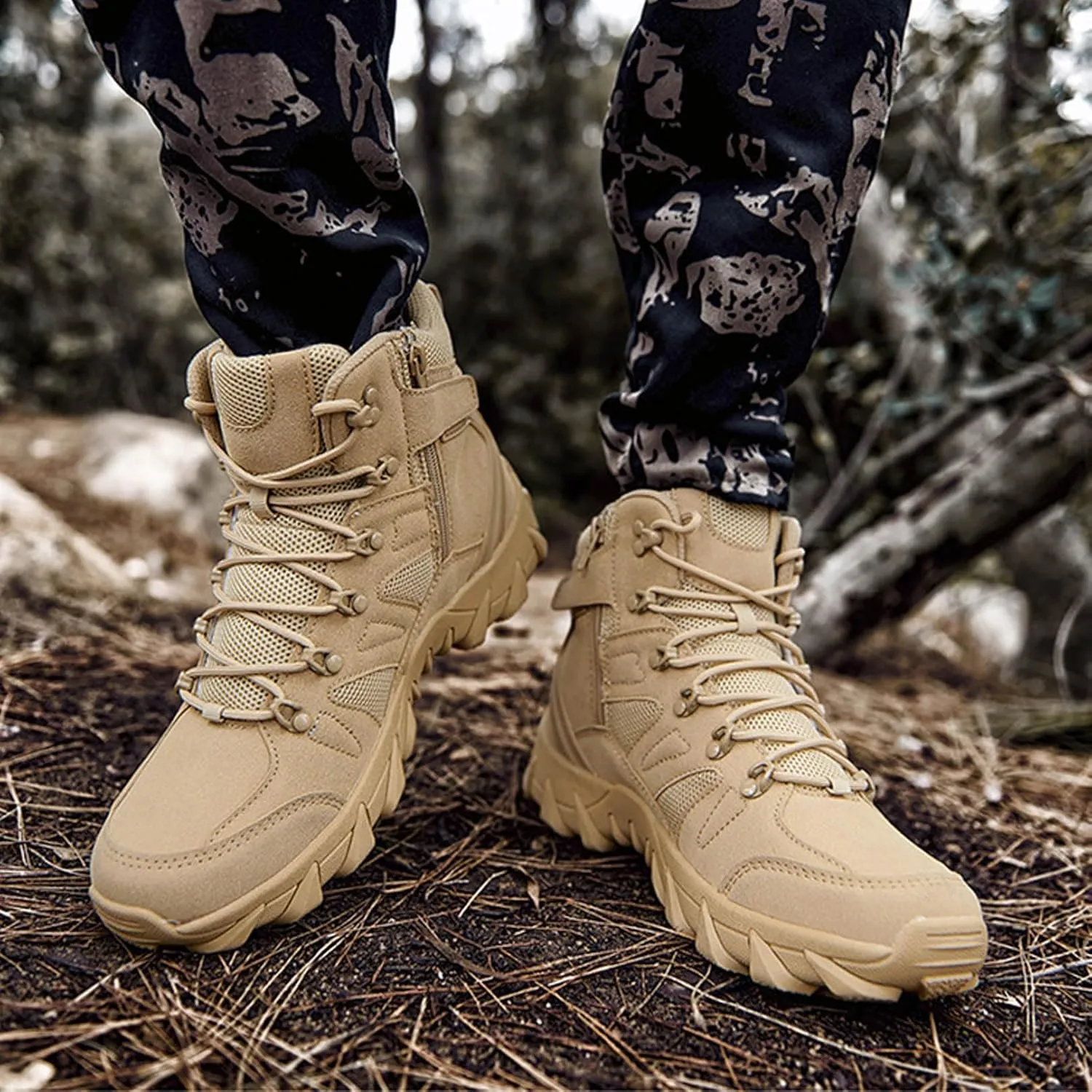 Renyqatt Men's Military Tactical Boots Combat Boots 6 Inches Lightweight Work Army Side Zipper Motorcycle Boot