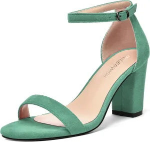 ROSERWISH Womens Dress Buckle Round Toe Suede Dating Ankle Strap Fashion Block High Heel Heeled Sandals 3.3 Inch
