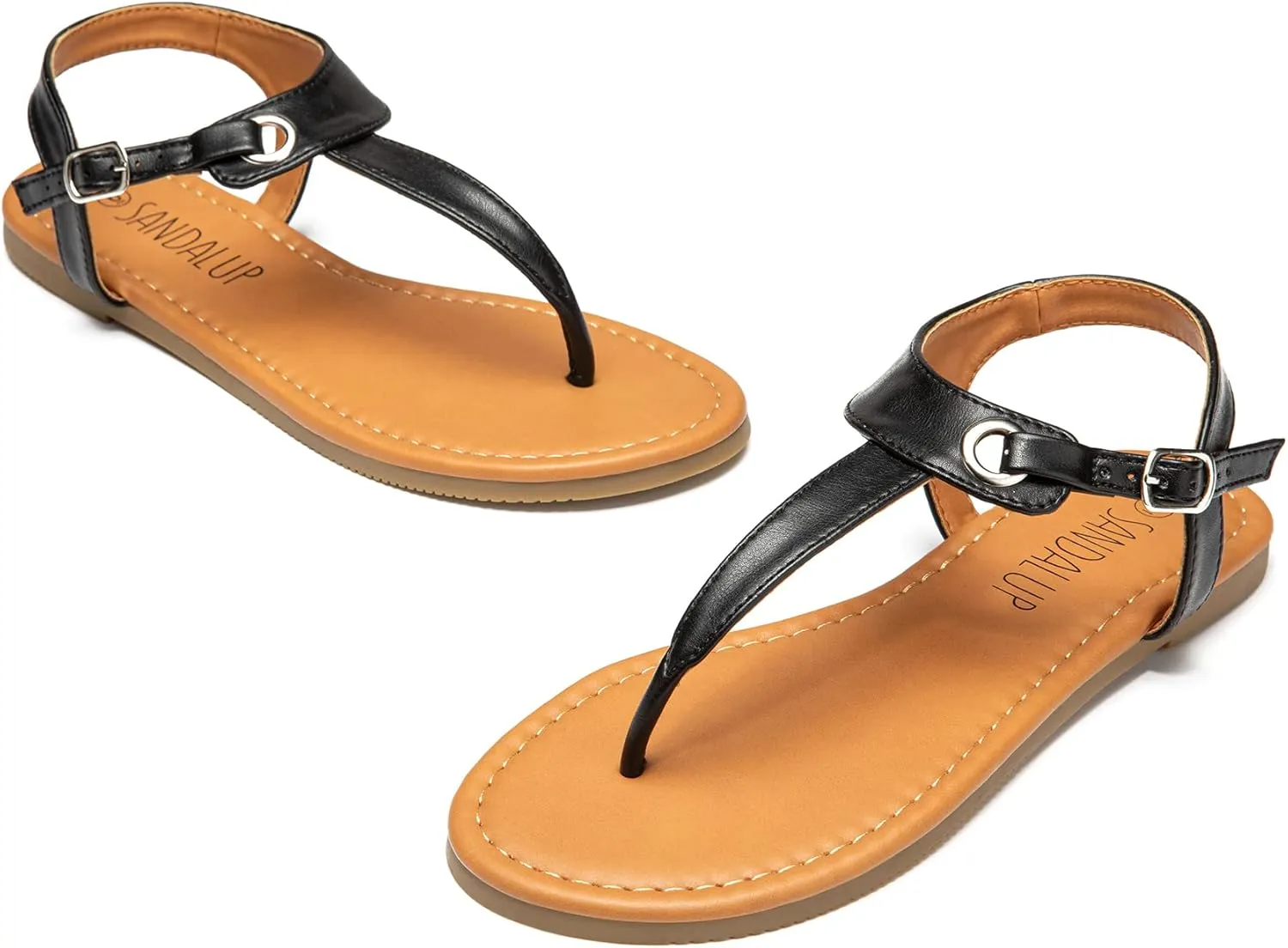 SANDALUP Women's Sandals Thong Flat Sandals Comfortable T-Strap Summer Shoes with Adjustable Ankle Buckle Dressy Sandals