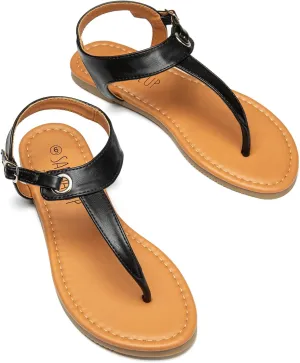 SANDALUP Women's Sandals Thong Flat Sandals Comfortable T-Strap Summer Shoes with Adjustable Ankle Buckle Dressy Sandals