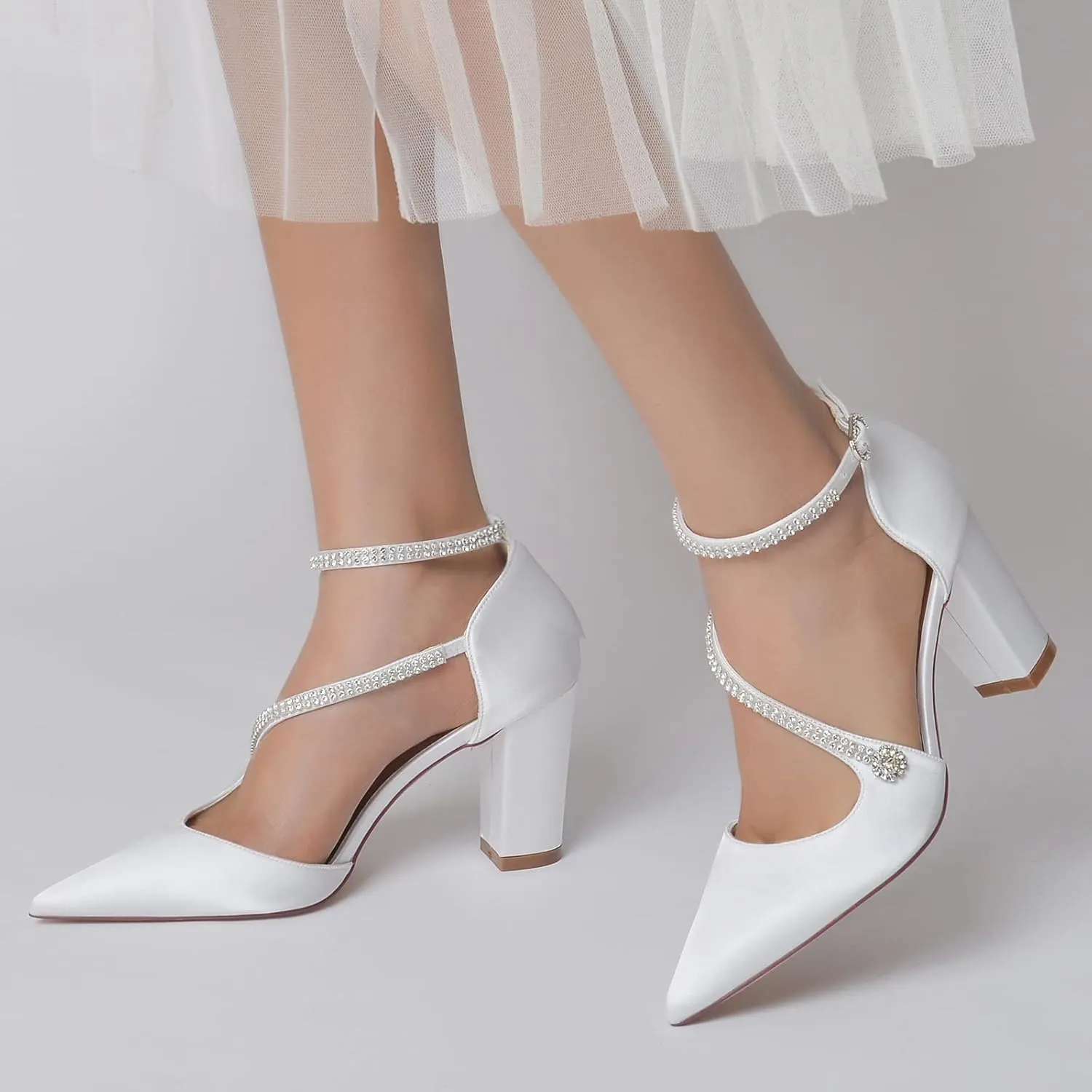 Satin Wedding Shoes for Bride Beaded Pointed Toe Block Sandals Pumps with Heels Heeled Closed Toe Ankle Buckle Strap Evening Party Dress Shoes Summer