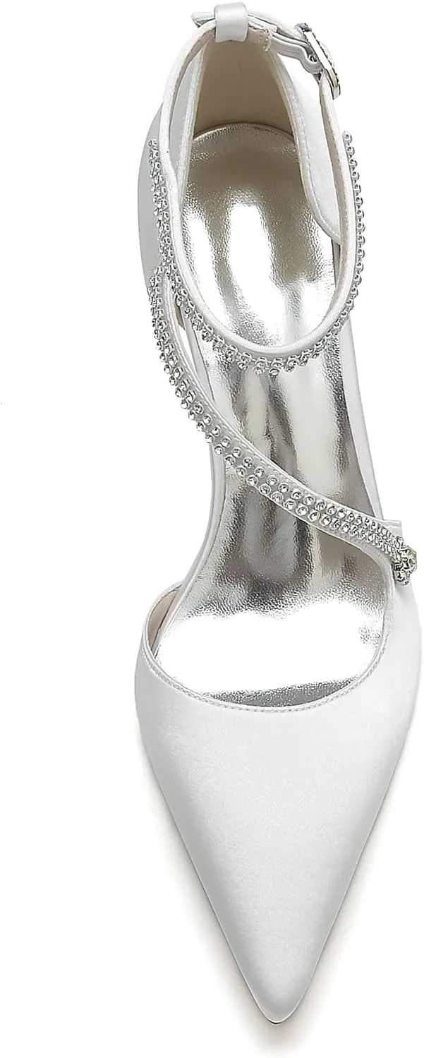 Satin Wedding Shoes for Bride Beaded Pointed Toe Block Sandals Pumps with Heels Heeled Closed Toe Ankle Buckle Strap Evening Party Dress Shoes Summer