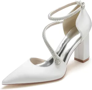 Satin Wedding Shoes for Bride Beaded Pointed Toe Block Sandals Pumps with Heels Heeled Closed Toe Ankle Buckle Strap Evening Party Dress Shoes Summer