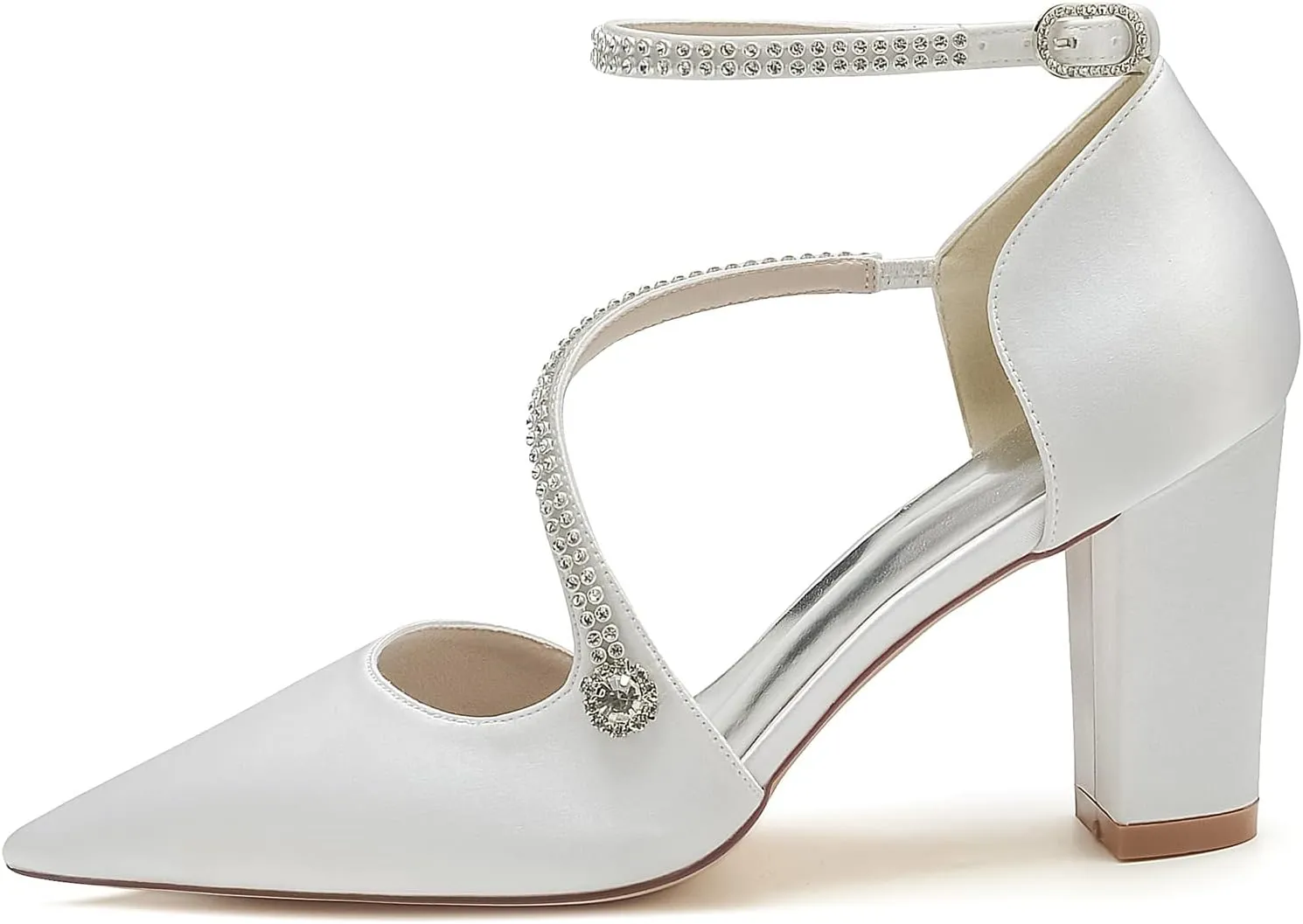 Satin Wedding Shoes for Bride Beaded Pointed Toe Block Sandals Pumps with Heels Heeled Closed Toe Ankle Buckle Strap Evening Party Dress Shoes Summer