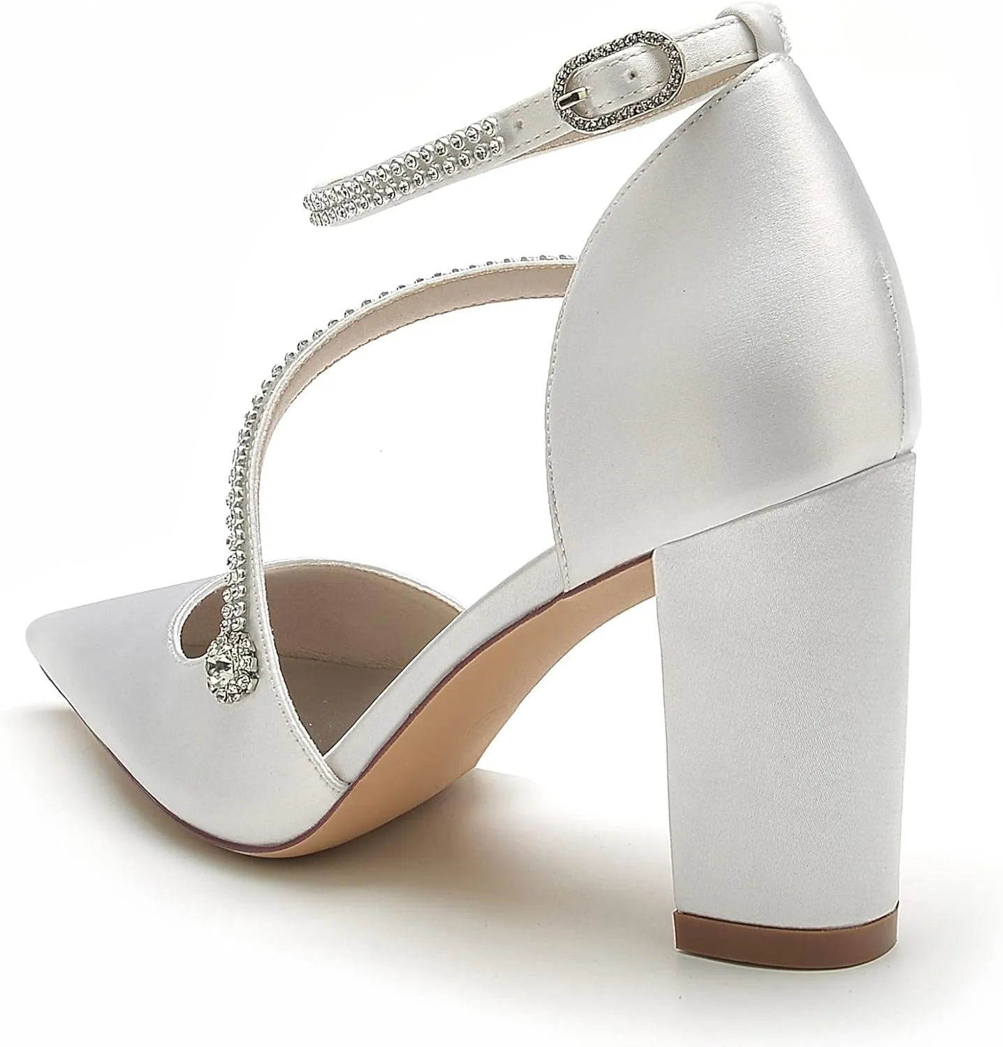 Satin Wedding Shoes for Bride Beaded Pointed Toe Block Sandals Pumps with Heels Heeled Closed Toe Ankle Buckle Strap Evening Party Dress Shoes Summer