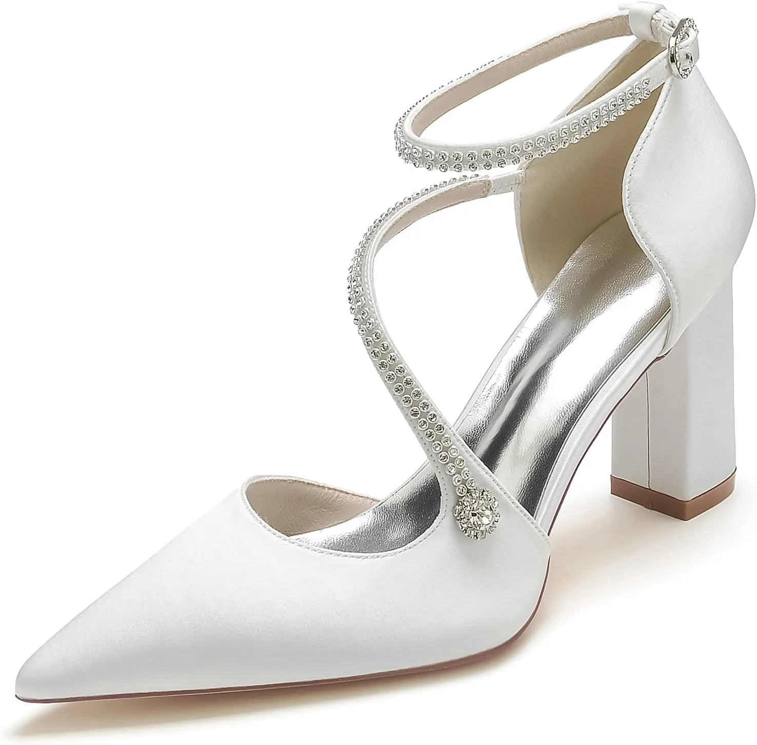 Satin Wedding Shoes for Bride Beaded Pointed Toe Block Sandals Pumps with Heels Heeled Closed Toe Ankle Buckle Strap Evening Party Dress Shoes Summer