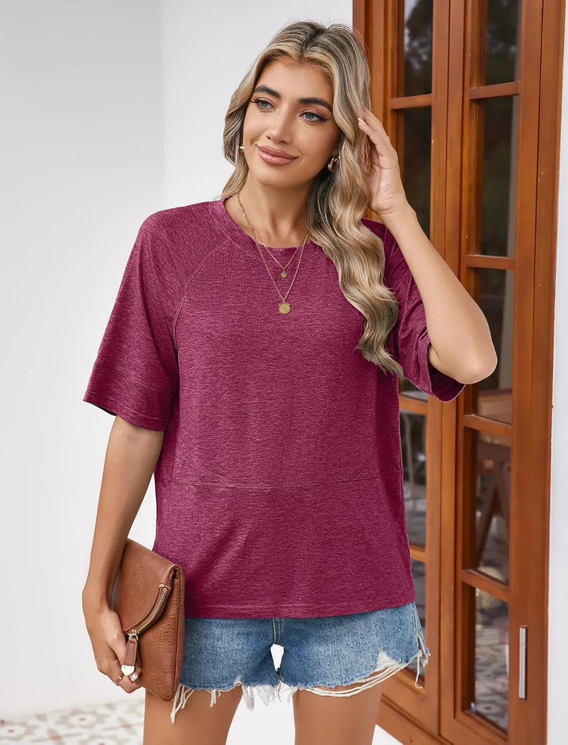 Sherosa Womens Casual Crewneck Half Sleeve T-Shirts Solid Color Loose Fit Summer Basic Tops Tees Blouses