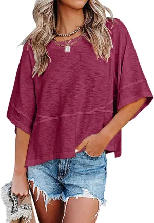 Sherosa Womens Casual Crewneck Half Sleeve T-Shirts Solid Color Loose Fit Summer Basic Tops Tees Blouses