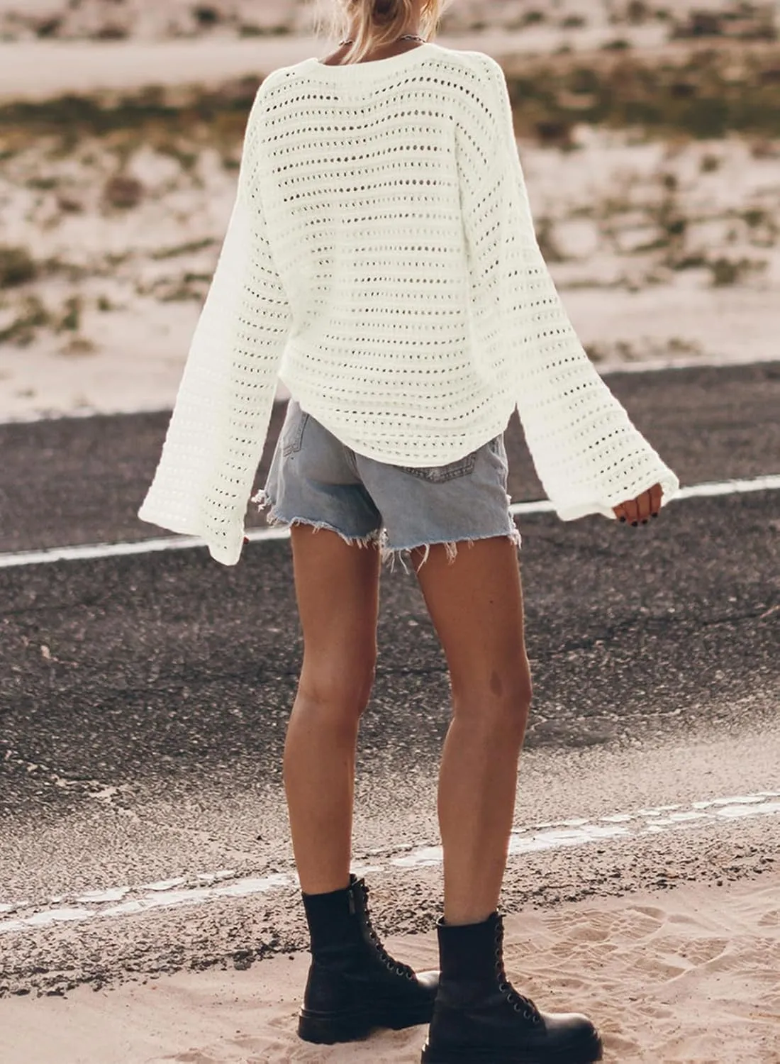 Sidefeel Womens Sweaters Lightweight Casual Long Sleeve Loose Crochet Hollow Out Knit Pullover Tops Clothing