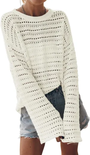 Sidefeel Womens Sweaters Lightweight Casual Long Sleeve Loose Crochet Hollow Out Knit Pullover Tops Clothing