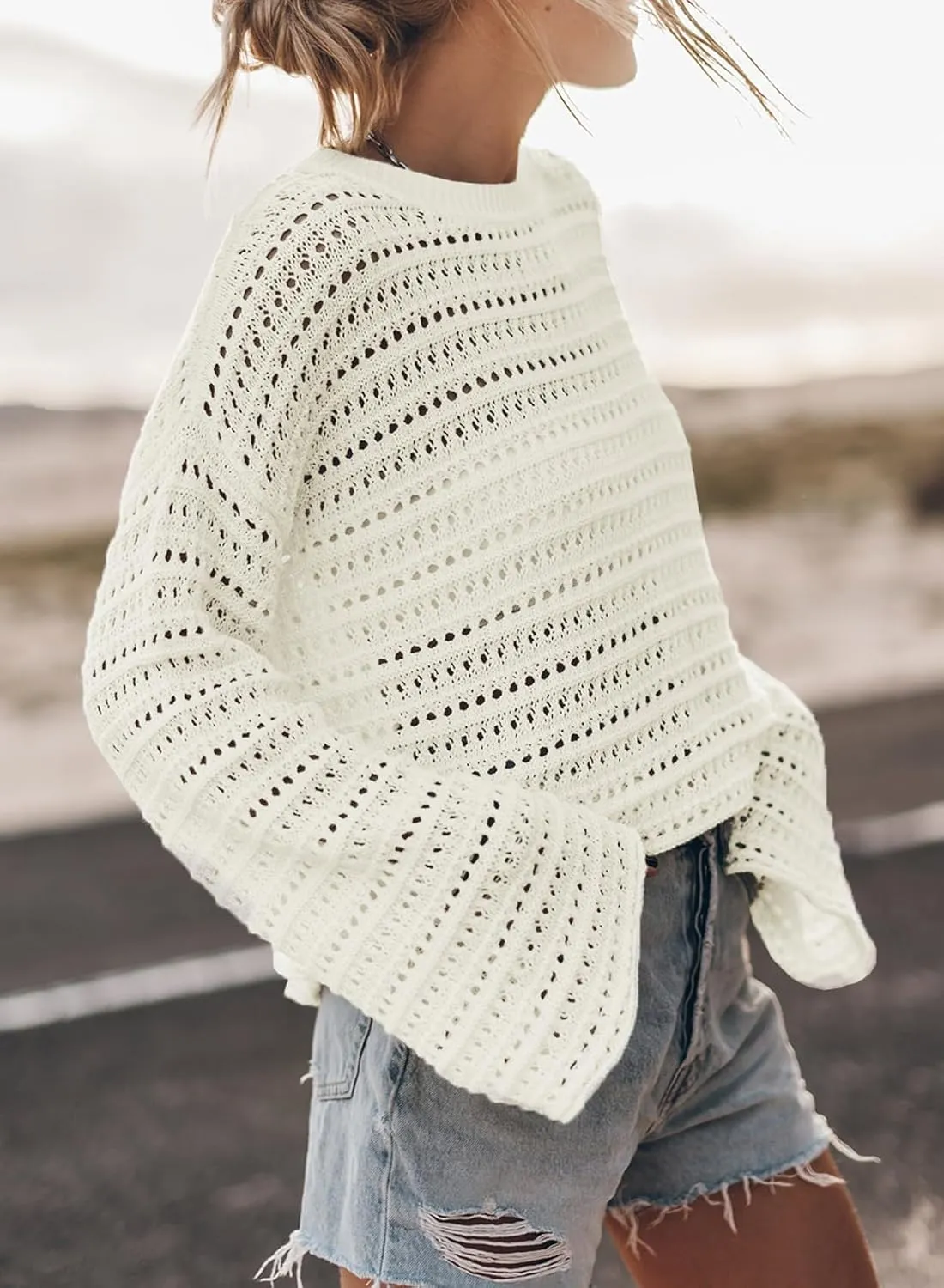 Sidefeel Womens Sweaters Lightweight Casual Long Sleeve Loose Crochet Hollow Out Knit Pullover Tops Clothing