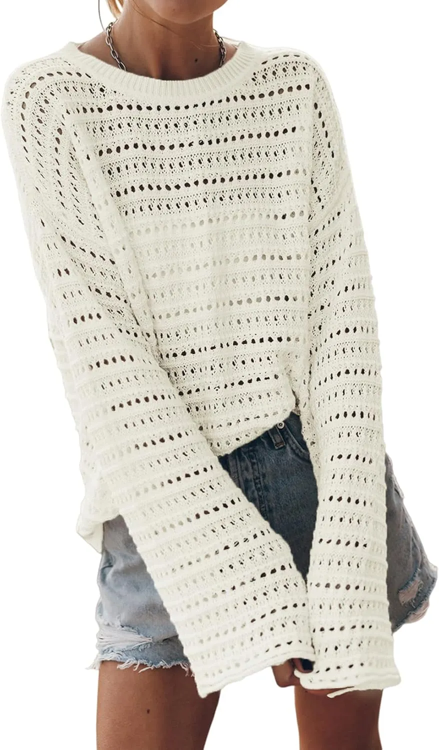 Sidefeel Womens Sweaters Lightweight Casual Long Sleeve Loose Crochet Hollow Out Knit Pullover Tops Clothing