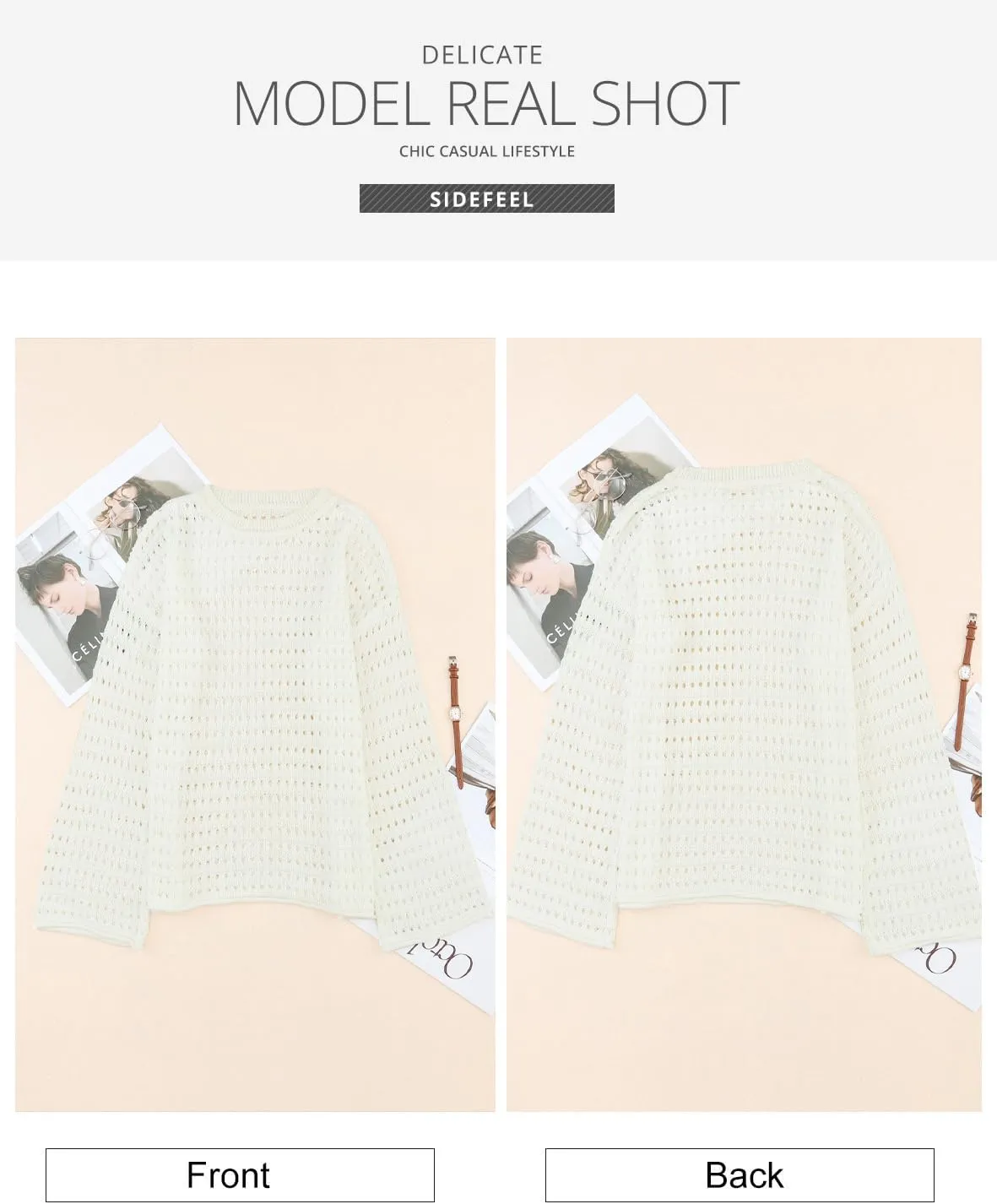 Sidefeel Womens Sweaters Lightweight Casual Long Sleeve Loose Crochet Hollow Out Knit Pullover Tops Clothing