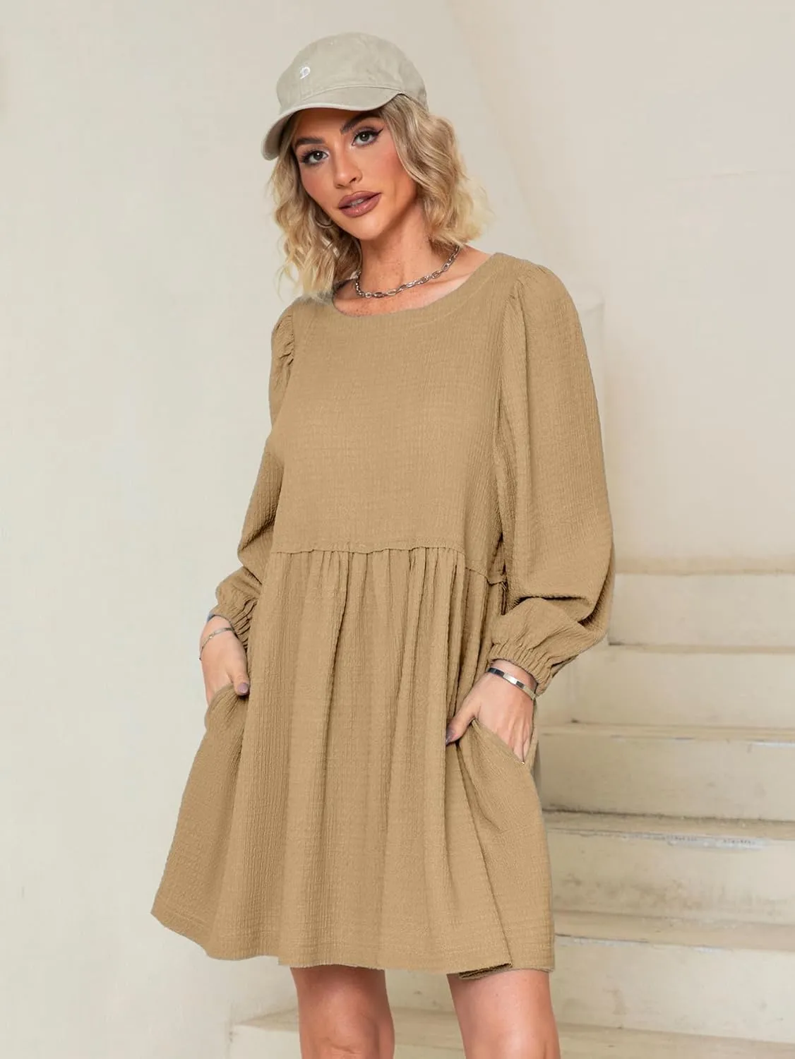 Simplee Apparel Womens Flowy Summer Tunic Dress Puff Sleeve Casual Babydoll Mini Dresses with Pockets