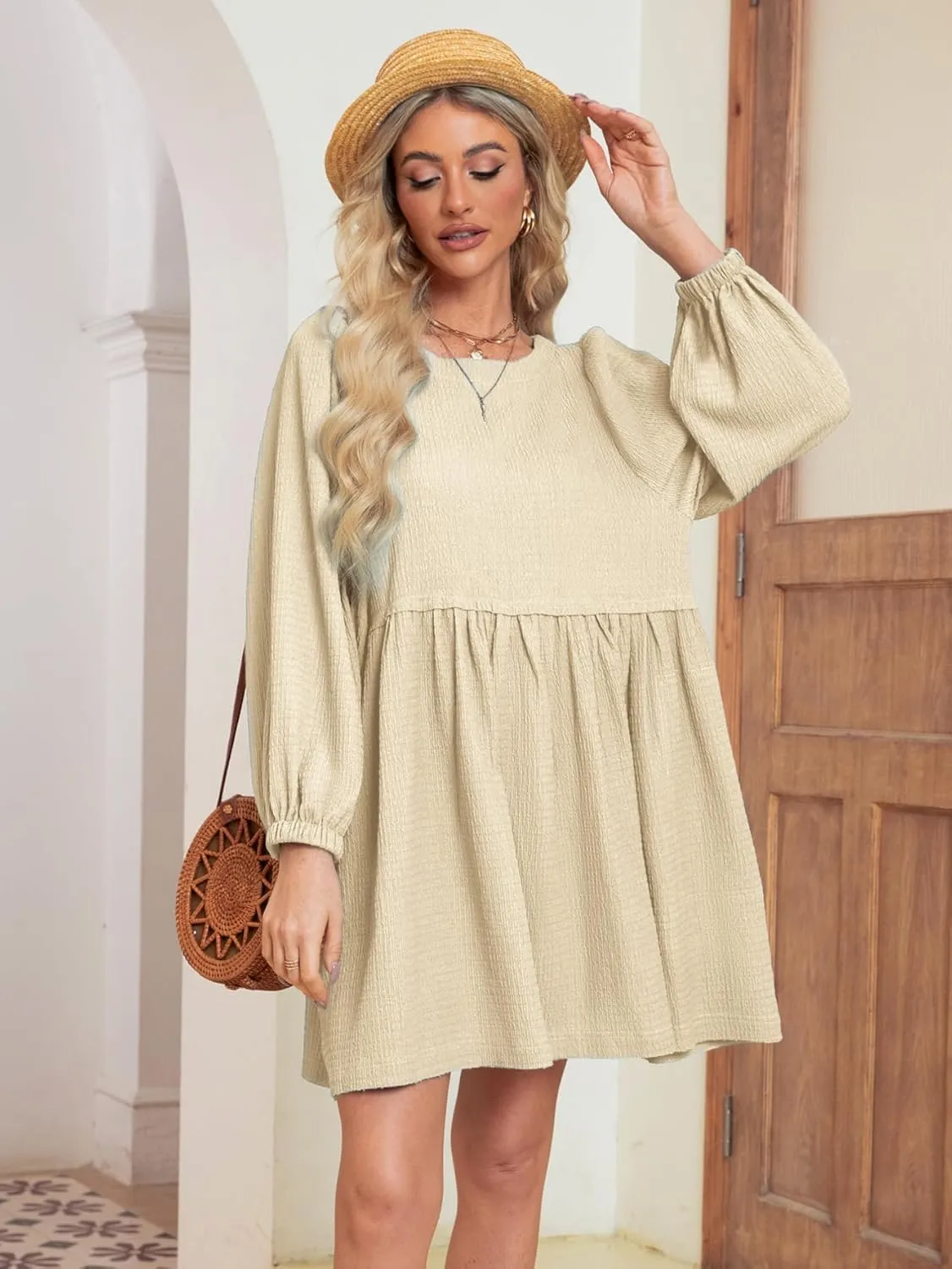 Simplee Apparel Womens Flowy Summer Tunic Dress Puff Sleeve Casual Babydoll Mini Dresses with Pockets