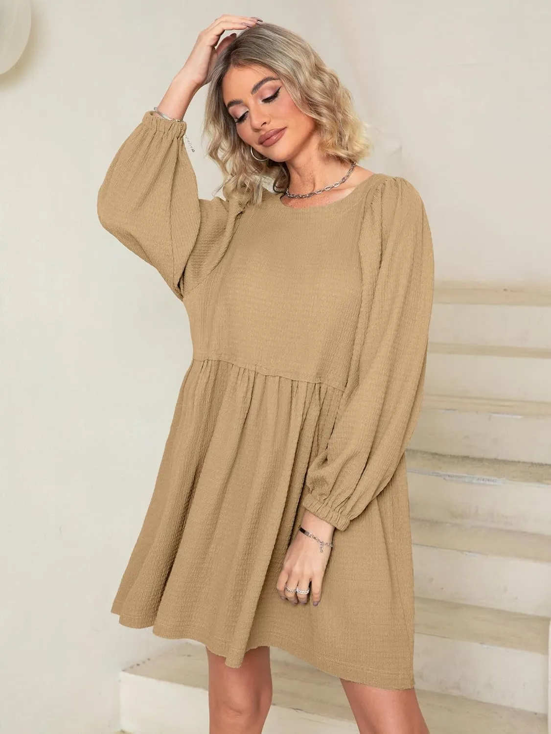 Simplee Apparel Womens Flowy Summer Tunic Dress Puff Sleeve Casual Babydoll Mini Dresses with Pockets