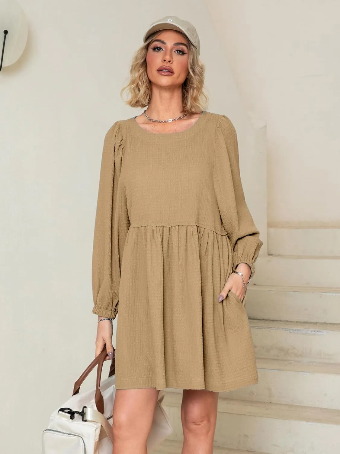 Simplee Apparel Womens Flowy Summer Tunic Dress Puff Sleeve Casual Babydoll Mini Dresses with Pockets