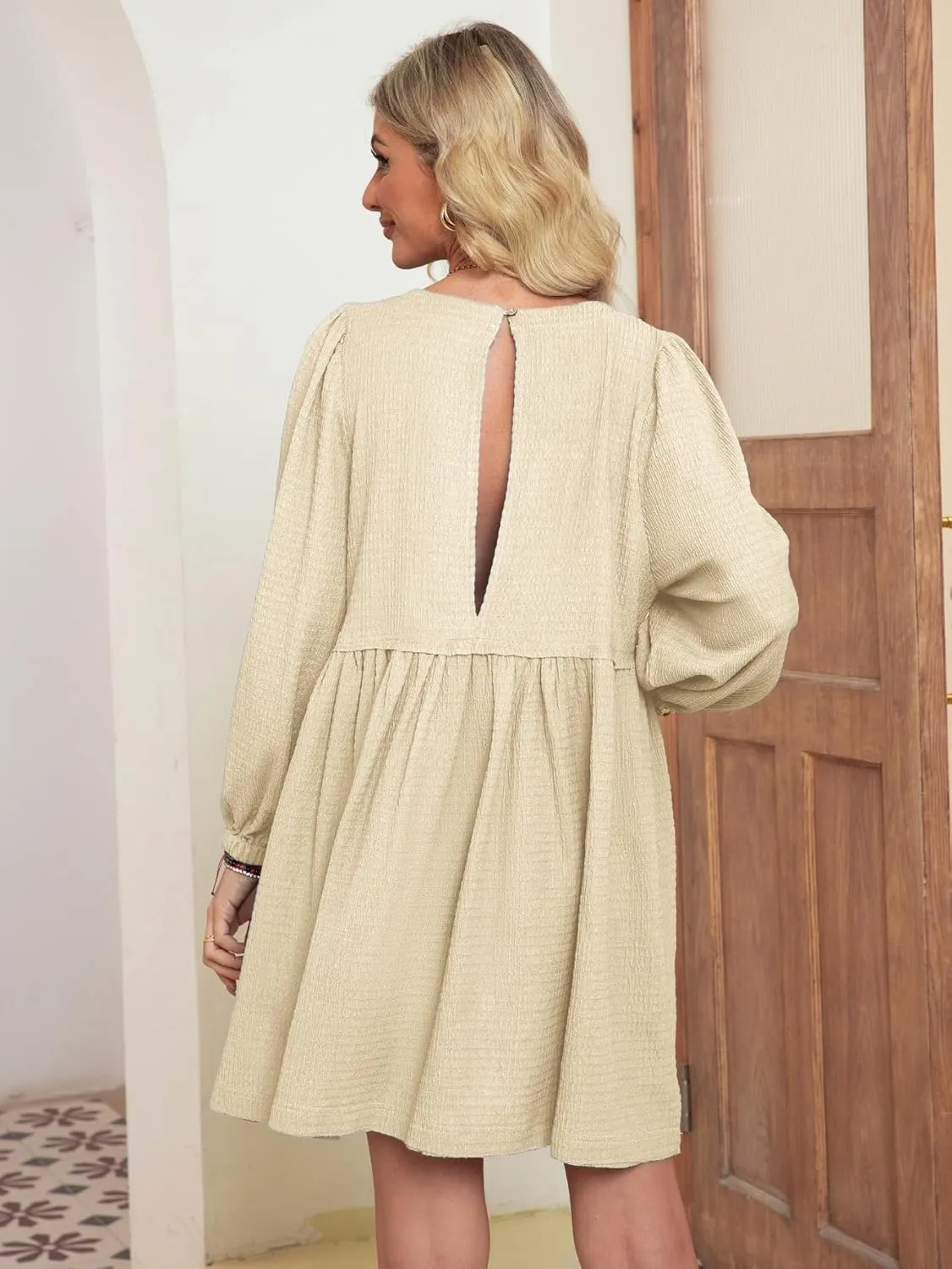 Simplee Apparel Womens Flowy Summer Tunic Dress Puff Sleeve Casual Babydoll Mini Dresses with Pockets