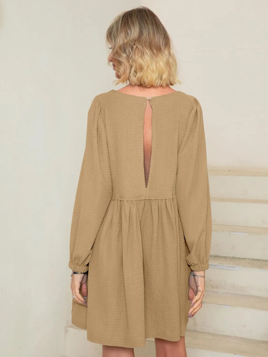 Simplee Apparel Womens Flowy Summer Tunic Dress Puff Sleeve Casual Babydoll Mini Dresses with Pockets