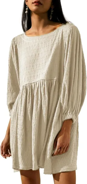 Simplee Apparel Womens Flowy Summer Tunic Dress Puff Sleeve Casual Babydoll Mini Dresses with Pockets
