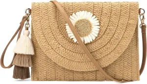 Small Straw Clutch Purses For Women Raffia Shoulder Beach Bag Summer Woven Purse Envelope Crossbody Handbag Wallet