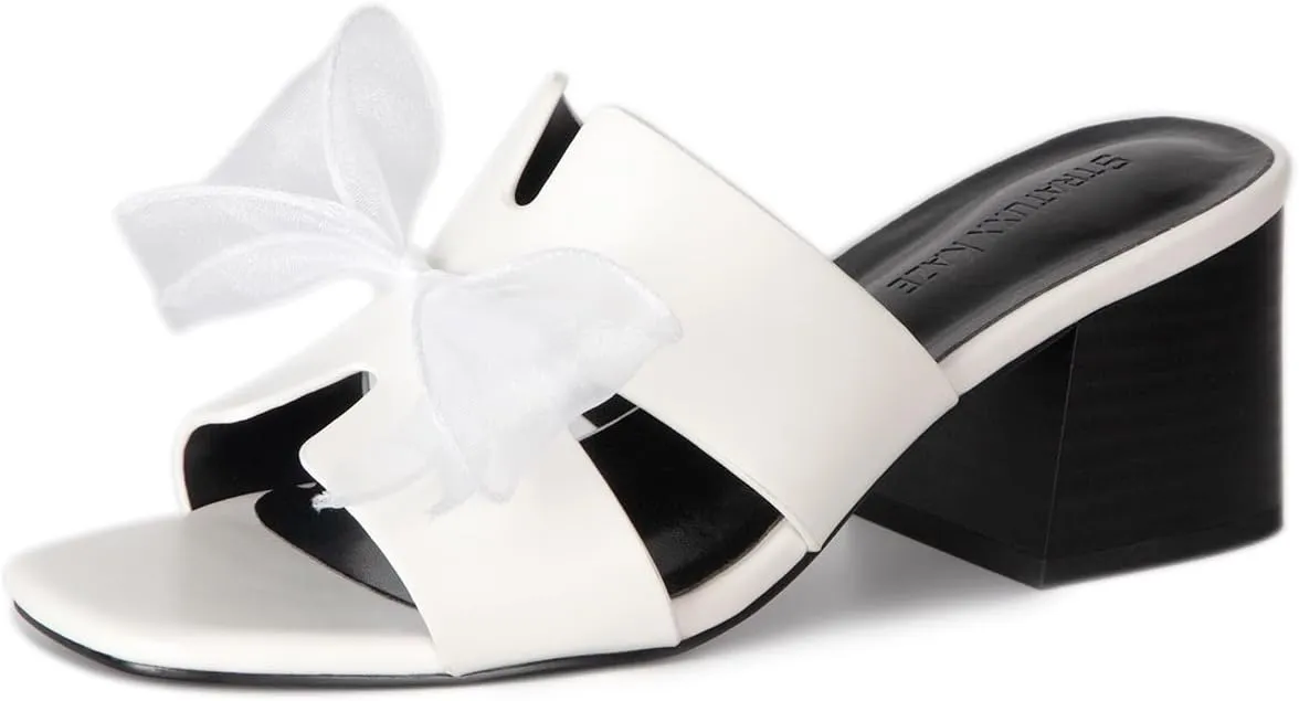 Square Open Toe Slip on Heels Chunky Heeled Sandals Black White Brown Dress Sandals for Women