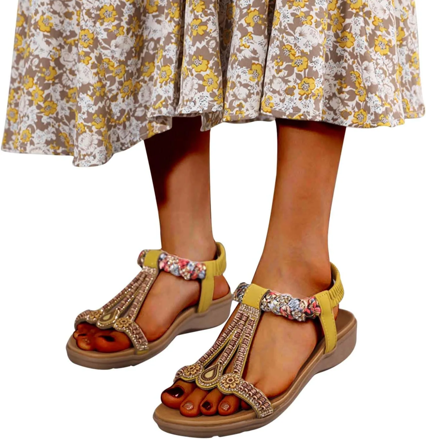 Stylish Women's Beaded T-Strap Sandals Summer Vintage Boho Sandal Casual Beach Flats with Elastic Sling Back
