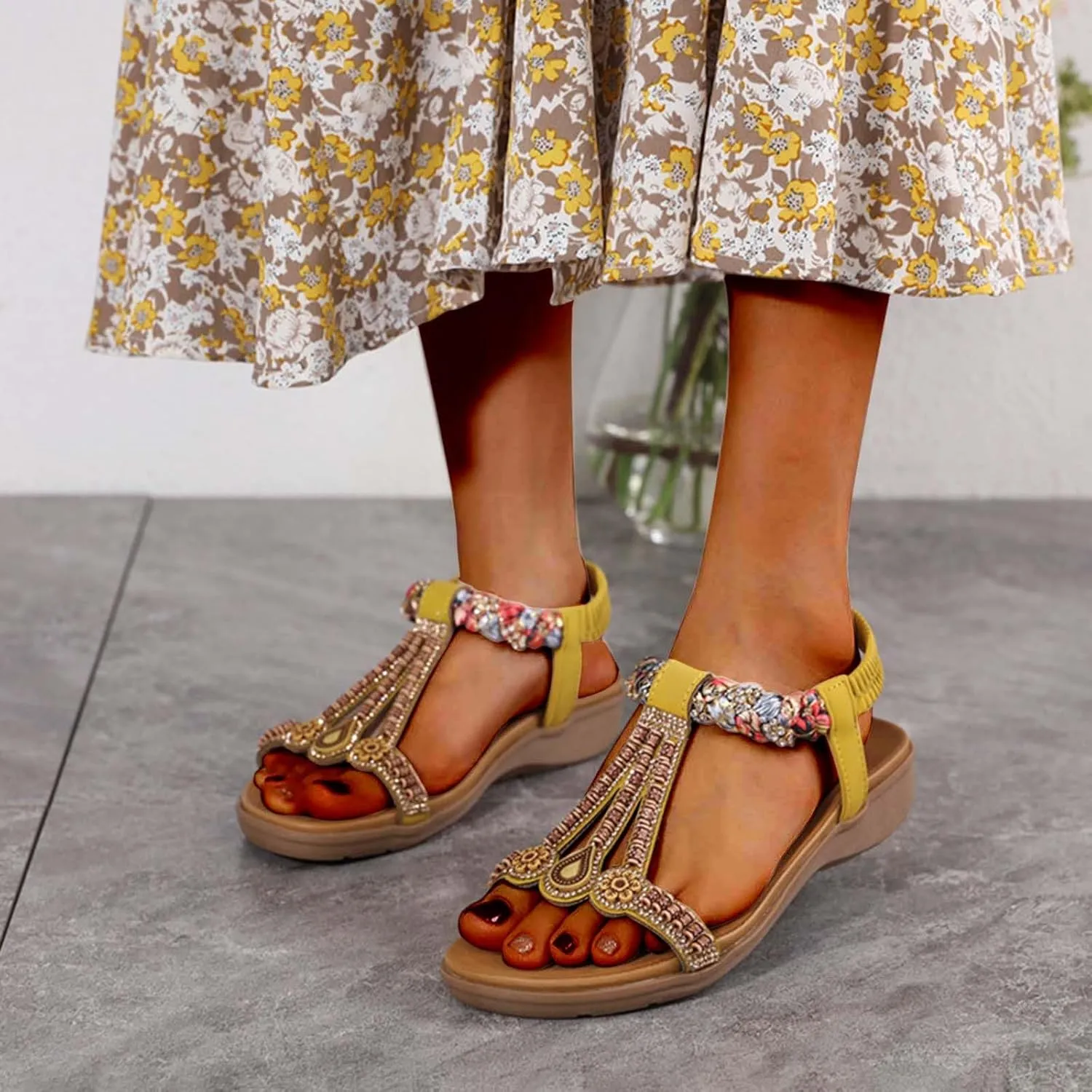 Stylish Women's Beaded T-Strap Sandals Summer Vintage Boho Sandal Casual Beach Flats with Elastic Sling Back