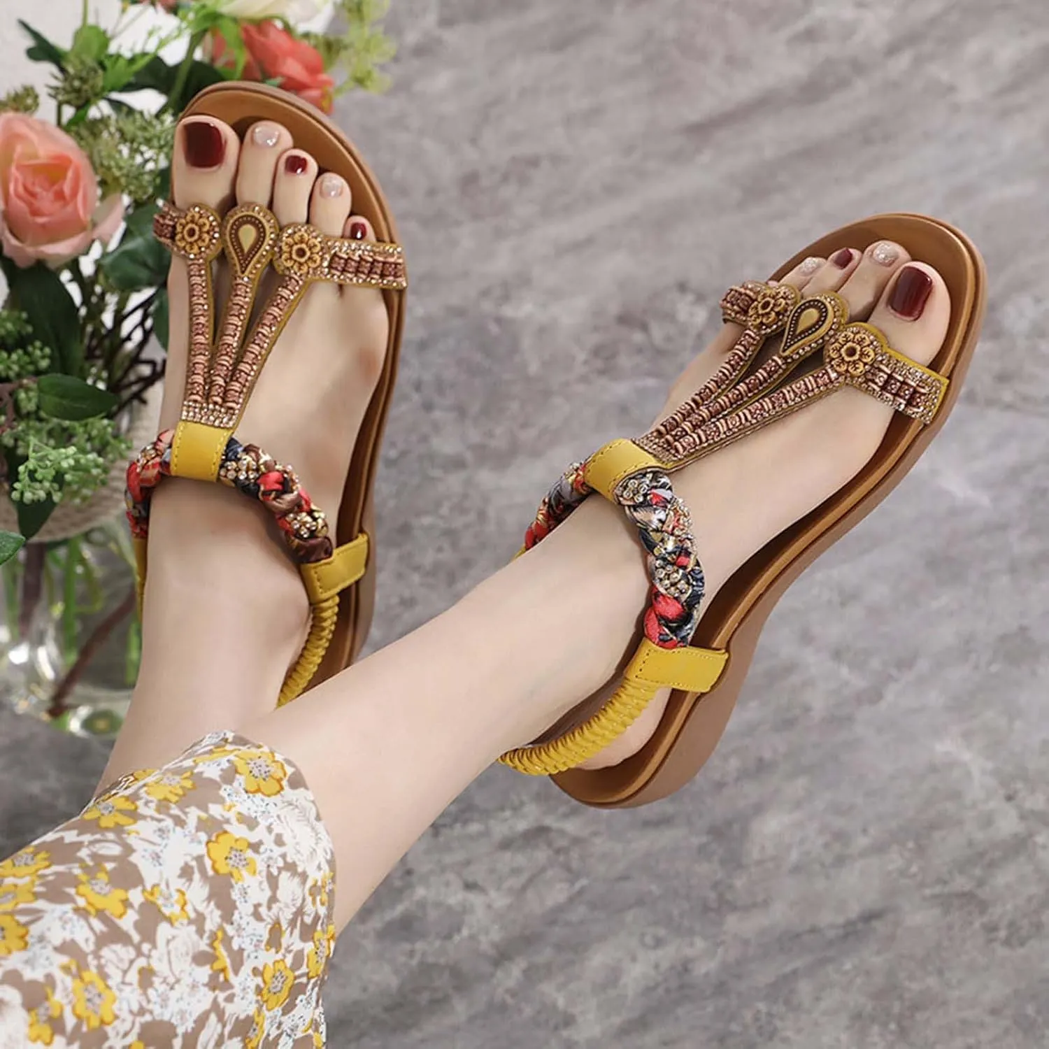Stylish Women's Beaded T-Strap Sandals Summer Vintage Boho Sandal Casual Beach Flats with Elastic Sling Back