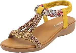 Stylish Women's Beaded T-Strap Sandals Summer Vintage Boho Sandal Casual Beach Flats with Elastic Sling Back