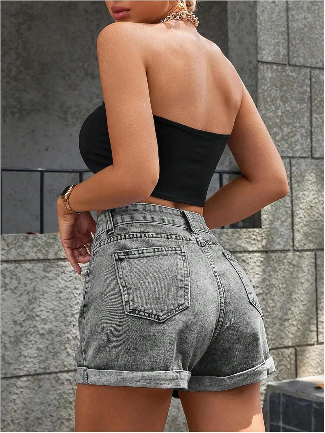 SweatyRocks Women's High Rise Roll Up Hem Straight Leg Denim Jean Shorts with Pocket