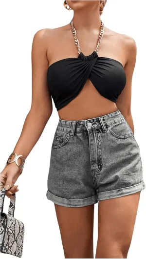 SweatyRocks Women's High Rise Roll Up Hem Straight Leg Denim Jean Shorts with Pocket