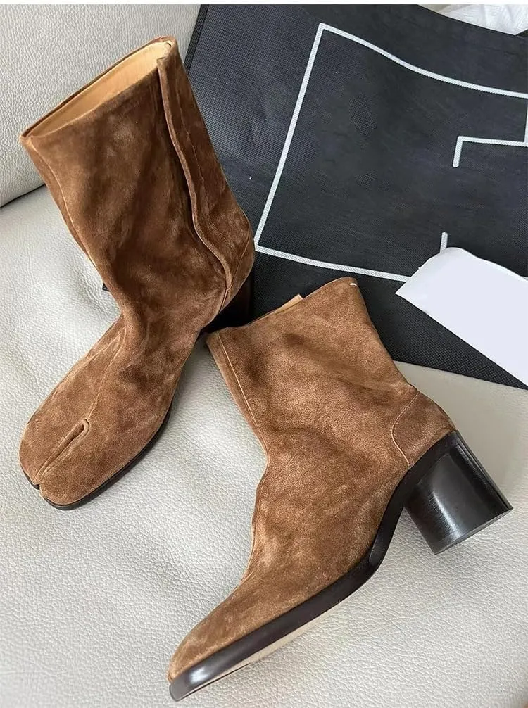 Tabi Boots Women Ankle Boots Low Heel Block Heels Leather Booties - Low Top Split Toe Zip Shoes Cute Casual Retro Comfortable Walking Lightweight Female Solid All-Match for Daily Wear Beach Travel