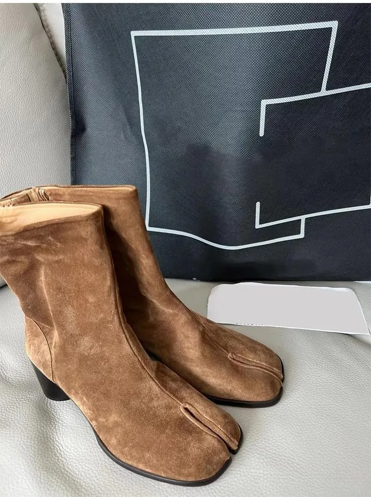 Tabi Boots Women Ankle Boots Low Heel Block Heels Leather Booties - Low Top Split Toe Zip Shoes Cute Casual Retro Comfortable Walking Lightweight Female Solid All-Match for Daily Wear Beach Travel