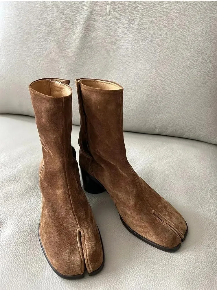 Tabi Boots Women Ankle Boots Low Heel Block Heels Leather Booties - Low Top Split Toe Zip Shoes Cute Casual Retro Comfortable Walking Lightweight Female Solid All-Match for Daily Wear Beach Travel