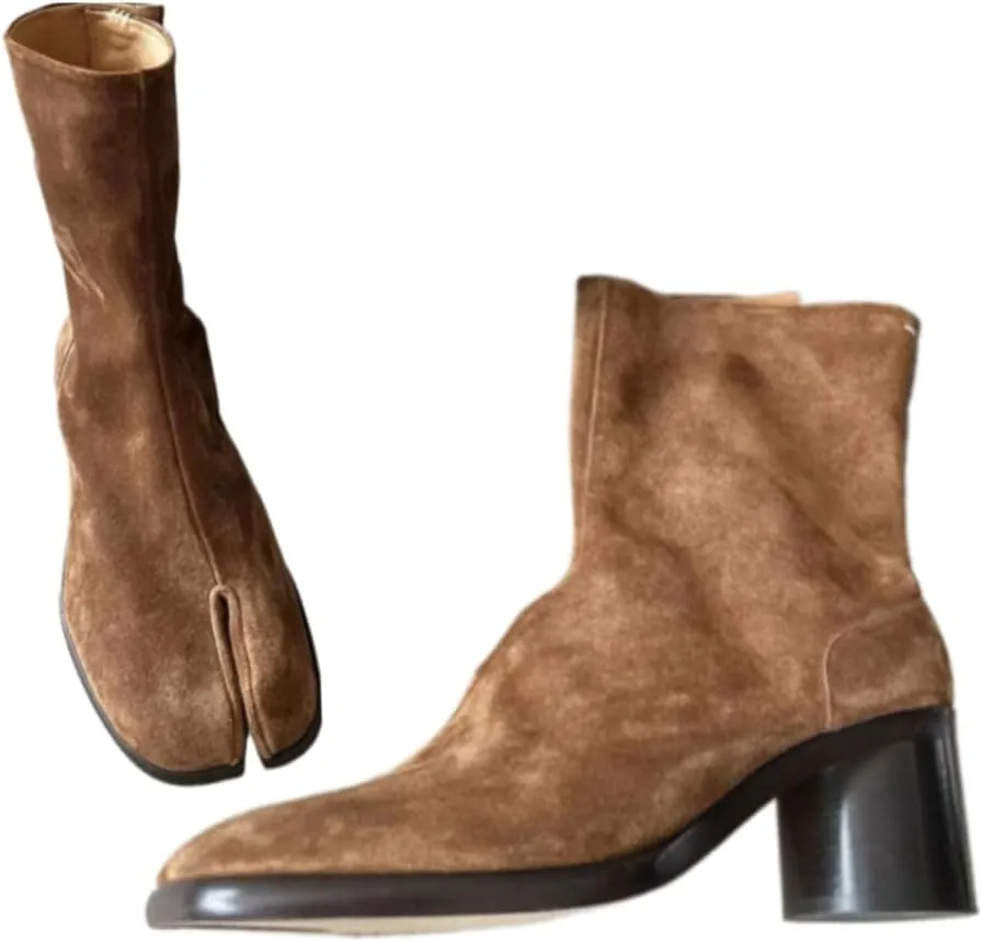 Tabi Boots Women Ankle Boots Low Heel Block Heels Leather Booties - Low Top Split Toe Zip Shoes Cute Casual Retro Comfortable Walking Lightweight Female Solid All-Match for Daily Wear Beach Travel