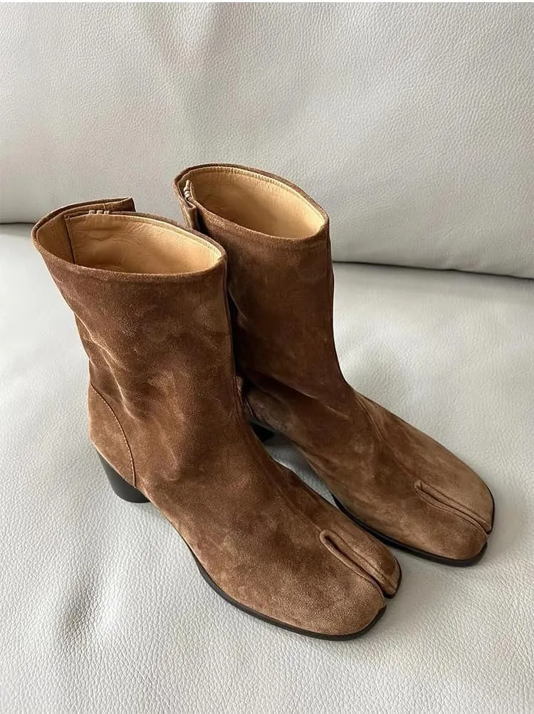 Tabi Boots Women Ankle Boots Low Heel Block Heels Leather Booties - Low Top Split Toe Zip Shoes Cute Casual Retro Comfortable Walking Lightweight Female Solid All-Match for Daily Wear Beach Travel