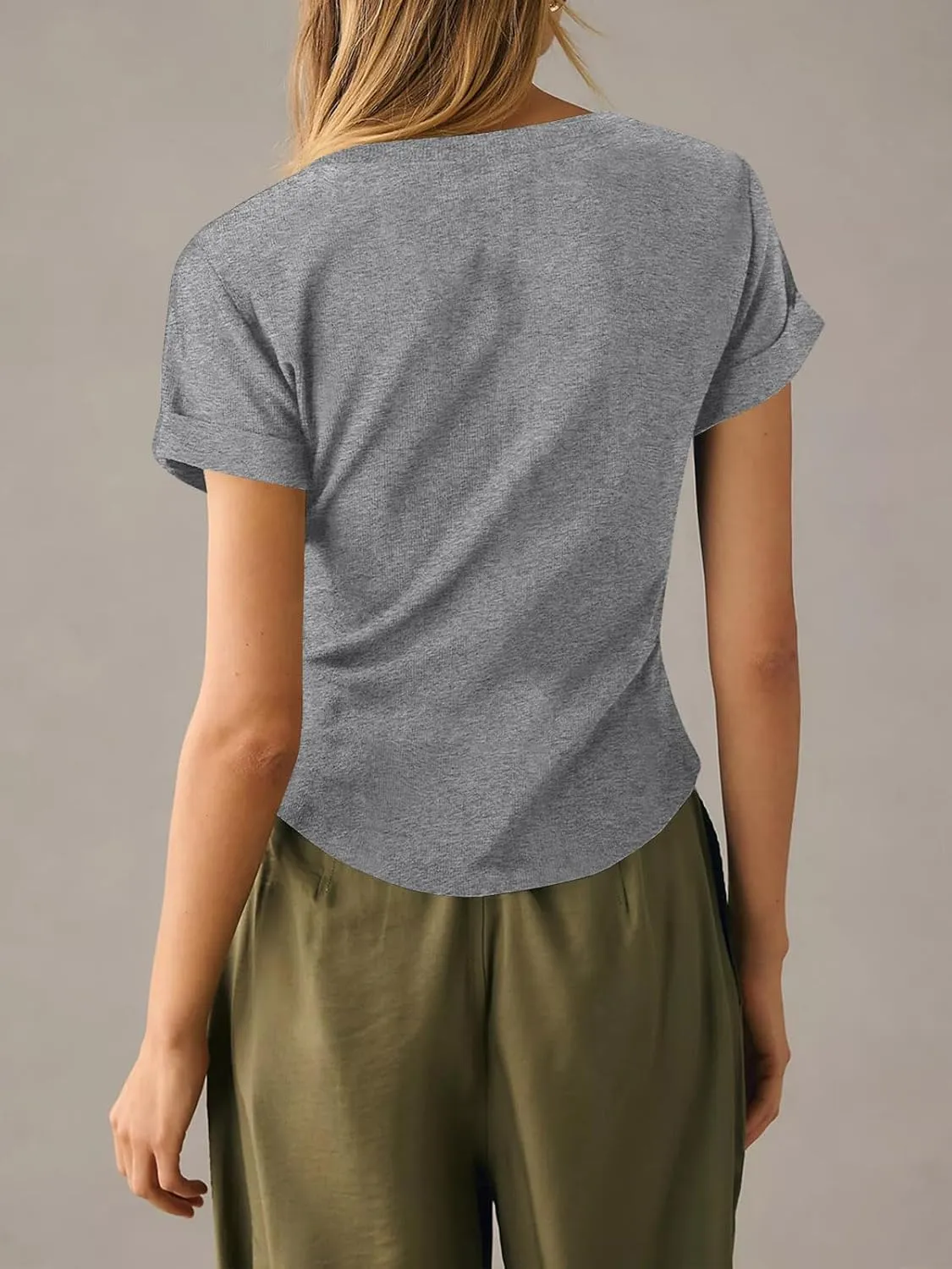Tankaneo Women Deep V Neck Low Cut Tops Casual Ribbed Knit Henley T-Shirts Summer Short Sleeve Tees