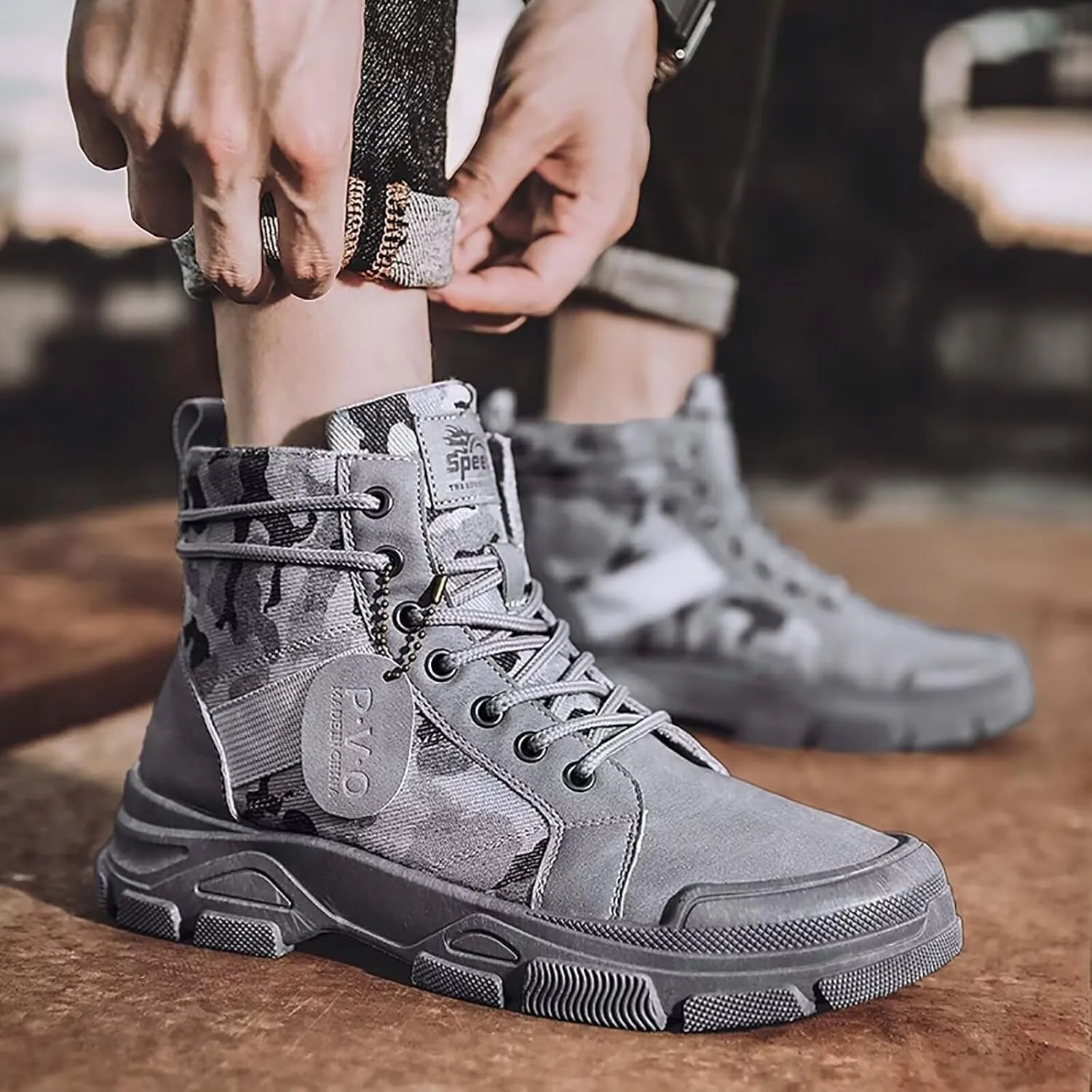 TERBOFIN Tactical Military Boots for Men Comfort Combat Boots Lightweight Camouflage High Top Canvas Boots with Soft Out-sole Thicker Heel for Casual Work Walking