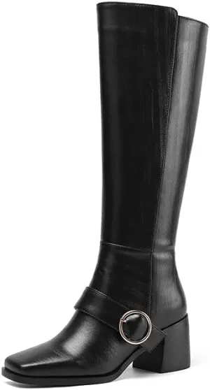 TinaCus Square Toe Handmade Buckle Genuine Leather Chunky Heel Side Zip Up Women's Trendy Knee High Boots