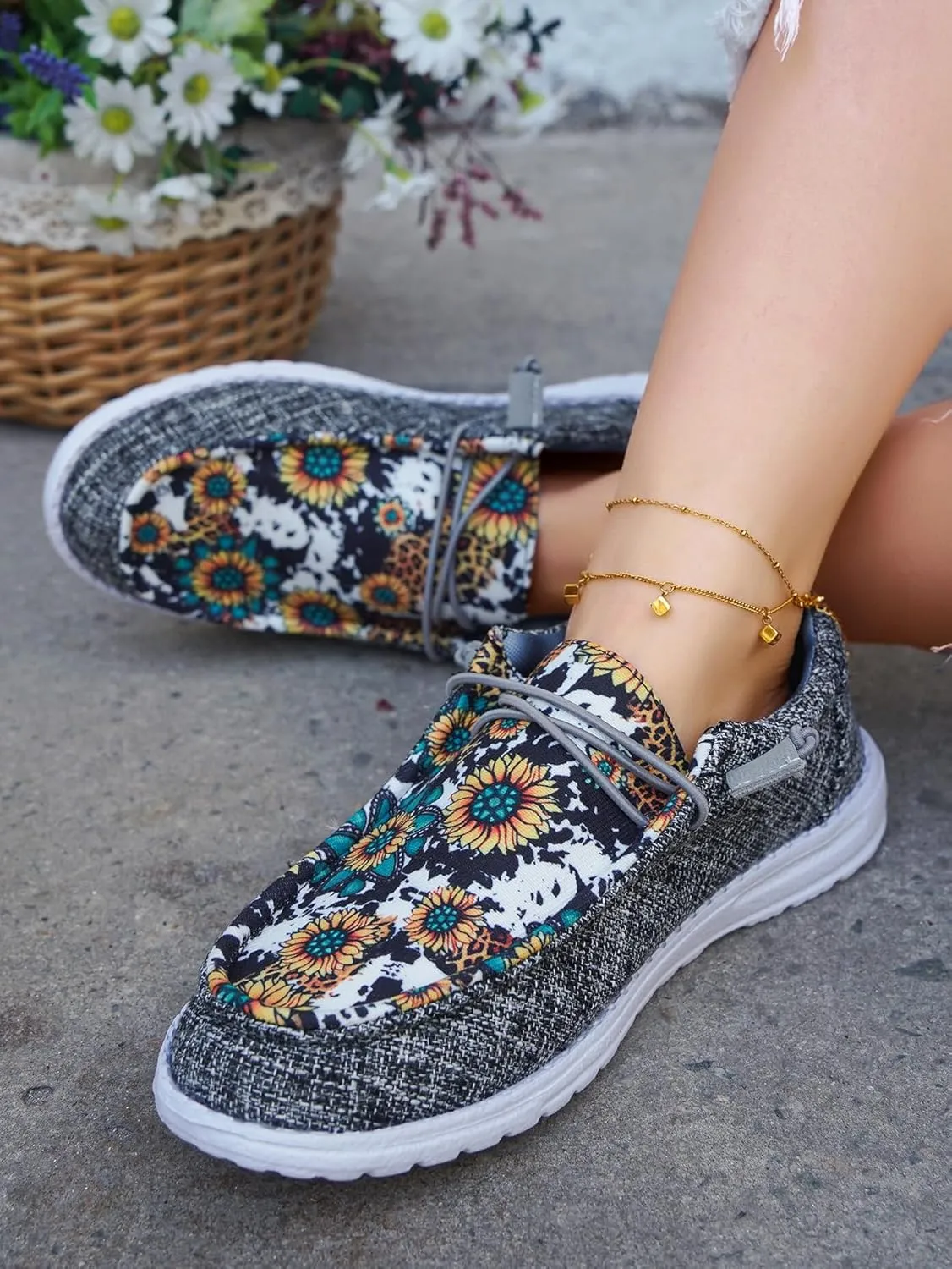 Unisex-Adult Sunflower Floral Canvas Loafers Comfortable Boat Shoes Easy Slip On Lightweight Deck Shoes Elastic Laces Outdoor Flat Walking Shoes Breathable Drving Shoes Sneakers for Women Men