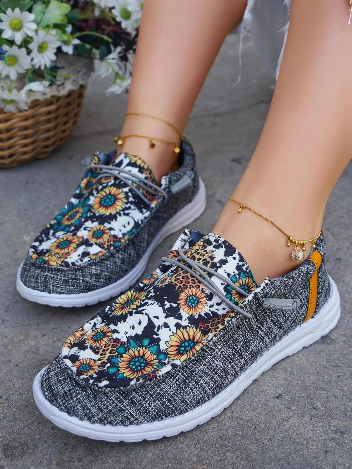 Unisex-Adult Sunflower Floral Canvas Loafers Comfortable Boat Shoes Easy Slip On Lightweight Deck Shoes Elastic Laces Outdoor Flat Walking Shoes Breathable Drving Shoes Sneakers for Women Men