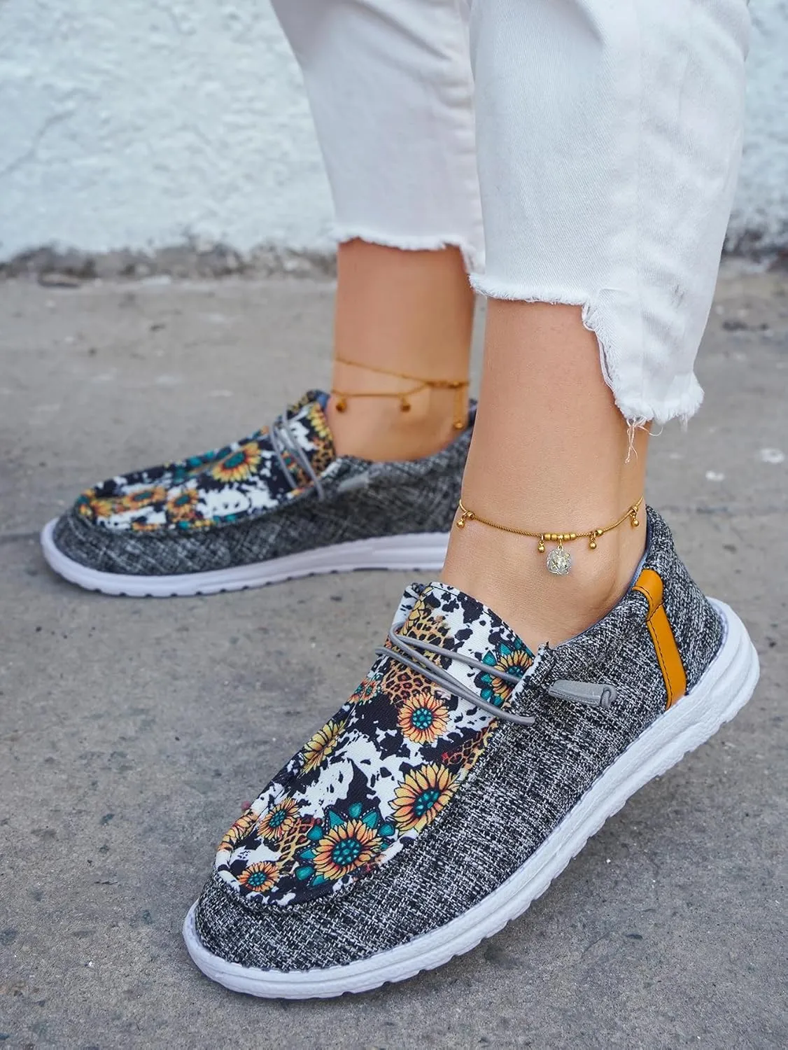 Unisex-Adult Sunflower Floral Canvas Loafers Comfortable Boat Shoes Easy Slip On Lightweight Deck Shoes Elastic Laces Outdoor Flat Walking Shoes Breathable Drving Shoes Sneakers for Women Men