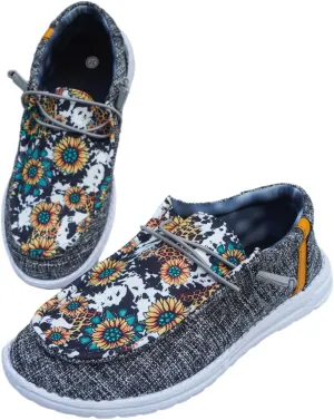 Unisex-Adult Sunflower Floral Canvas Loafers Comfortable Boat Shoes Easy Slip On Lightweight Deck Shoes Elastic Laces Outdoor Flat Walking Shoes Breathable Drving Shoes Sneakers for Women Men