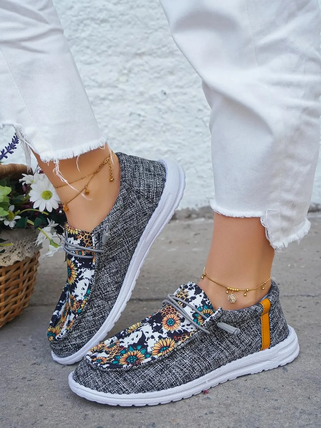Unisex-Adult Sunflower Floral Canvas Loafers Comfortable Boat Shoes Easy Slip On Lightweight Deck Shoes Elastic Laces Outdoor Flat Walking Shoes Breathable Drving Shoes Sneakers for Women Men