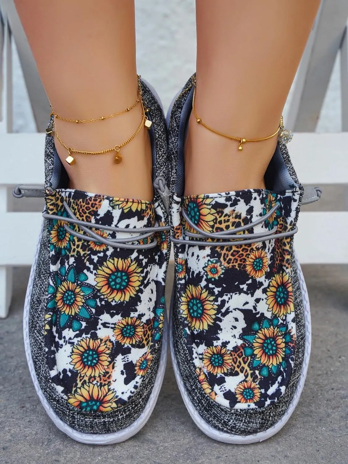 Unisex-Adult Sunflower Floral Canvas Loafers Comfortable Boat Shoes Easy Slip On Lightweight Deck Shoes Elastic Laces Outdoor Flat Walking Shoes Breathable Drving Shoes Sneakers for Women Men